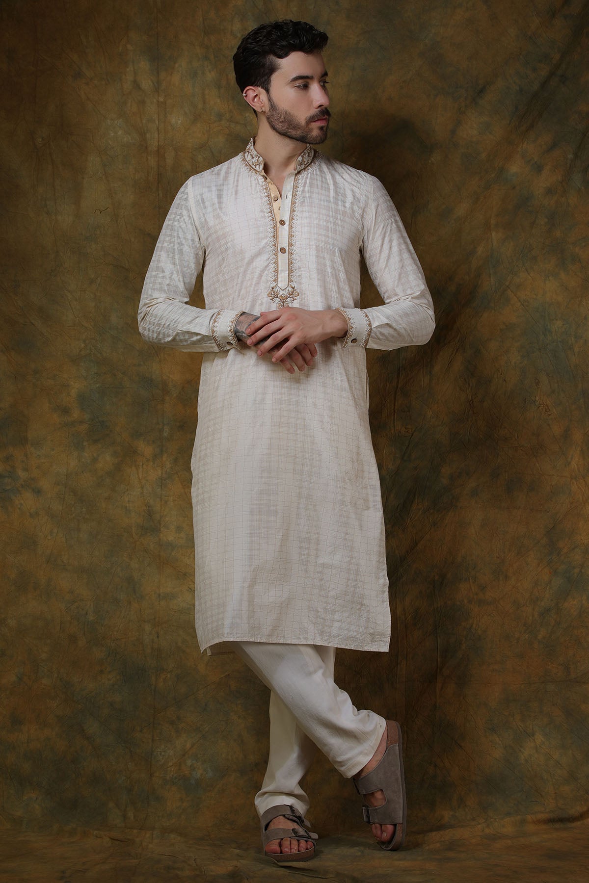 Bone Silk Check Printed Kurta