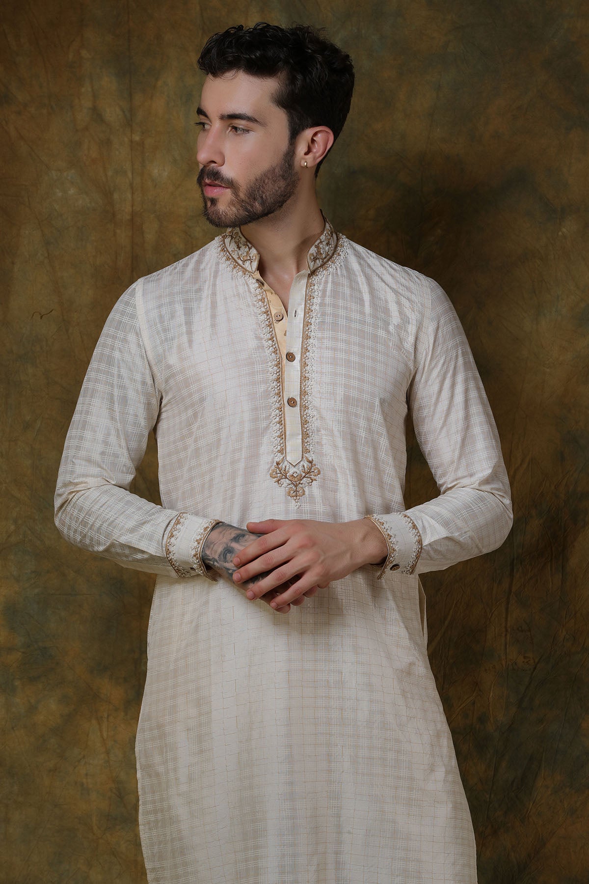 Bone Silk Check Printed Kurta