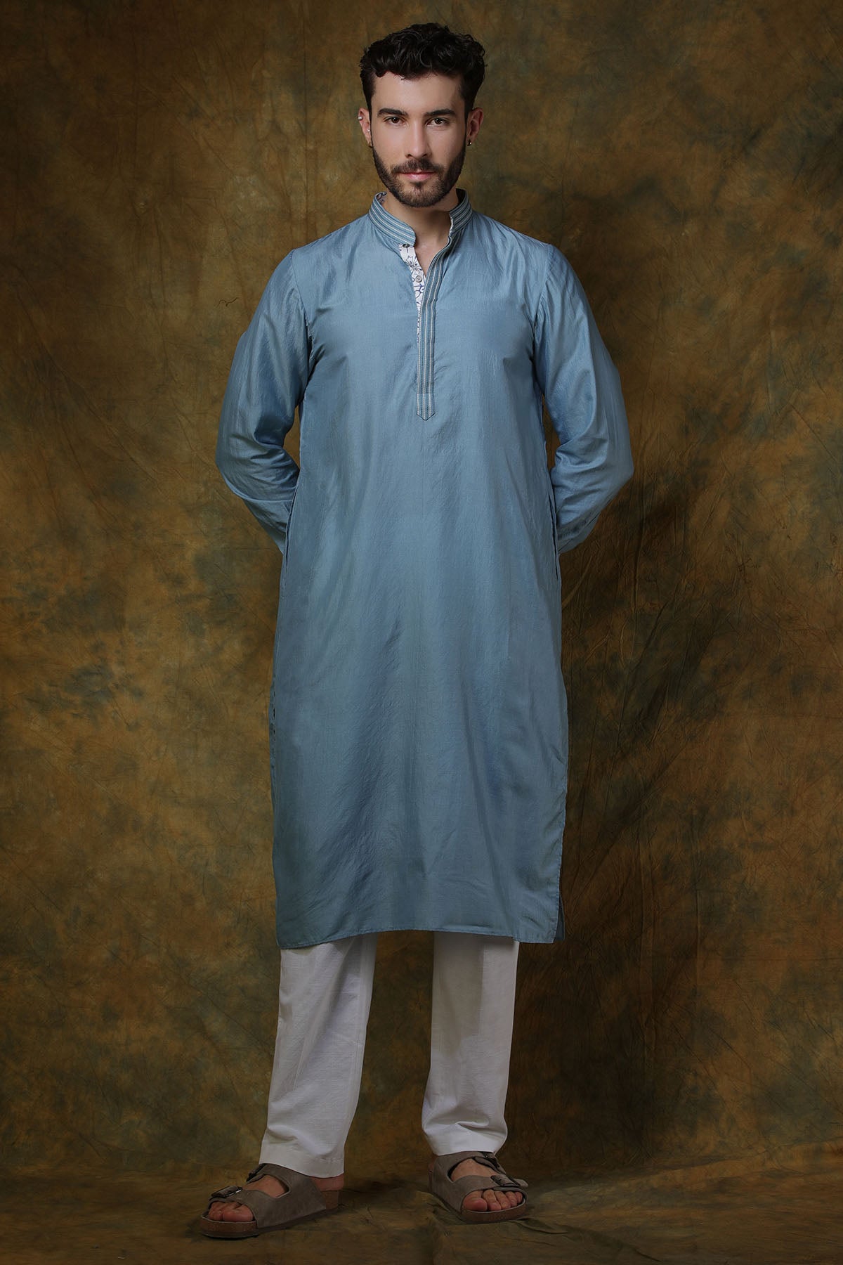 Greyish Blue Silk Kurta