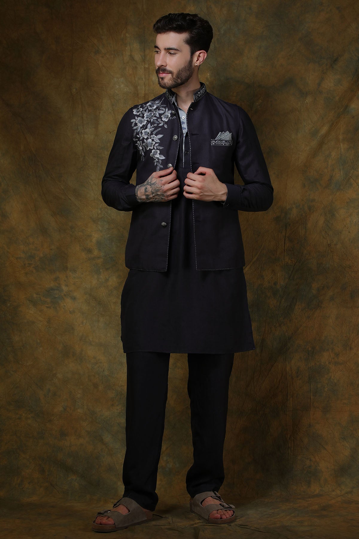 Charcoal Silk Bundi with Placement Floral Embroidery