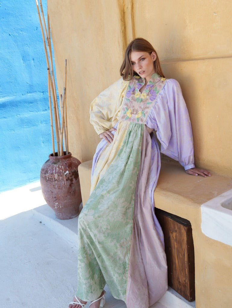 Mul floral printed (taupe, lilac, green, yellow) cut out maxi with cord embroidered bodice