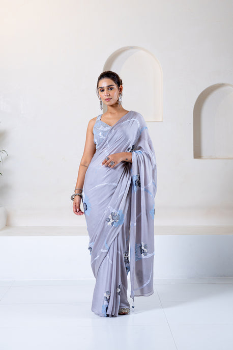 Steel grey chiffon sequin saree with embroidered blouse
