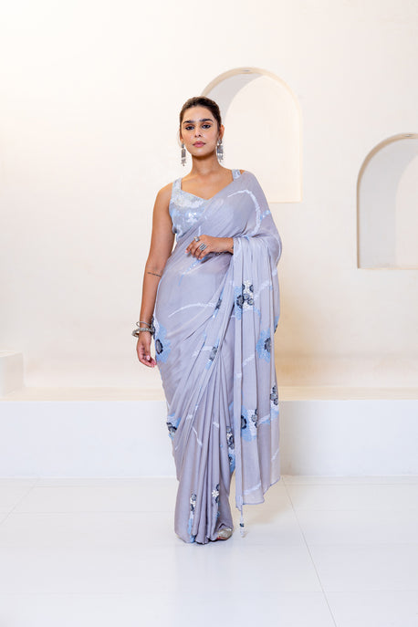 Steel grey chiffon sequin saree with embroidered blouse