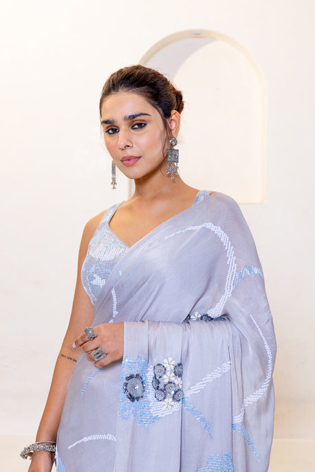 Steel grey chiffon sequence saree with embroidered blouse