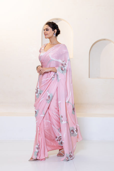 Pink chiffon sequin saree with embroidered blouse