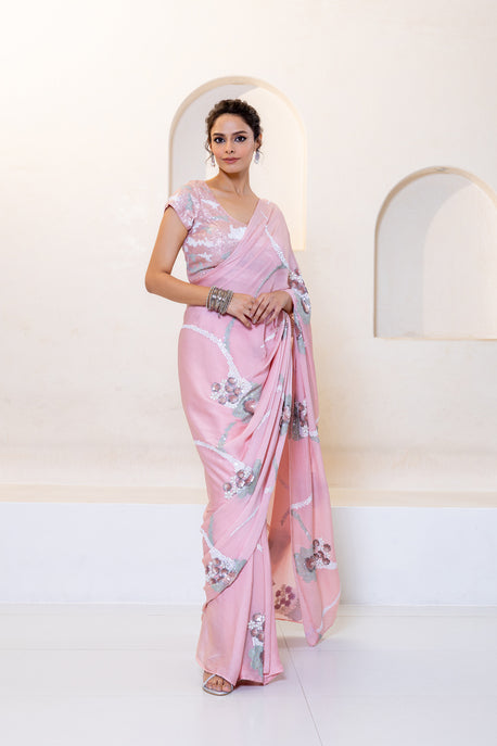 Pink chiffon sequin saree with embroidered blouse
