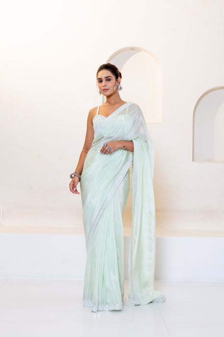 Mint green mirror work saree embroidered back tie up blouse