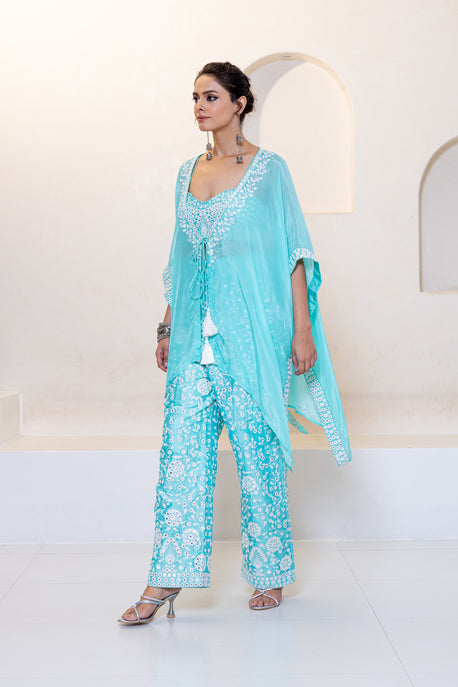 Aqua habotai silk embroidered kaftan with embroidered bustier and pants