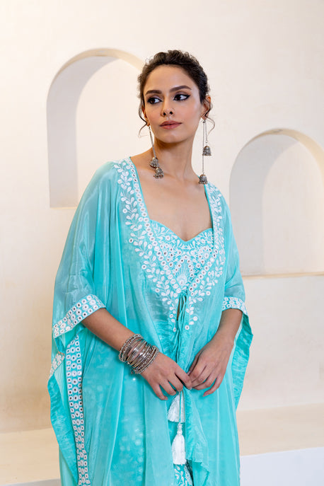 Aqua habotai silk embroidered kaftan with embroidered bustier and pants
