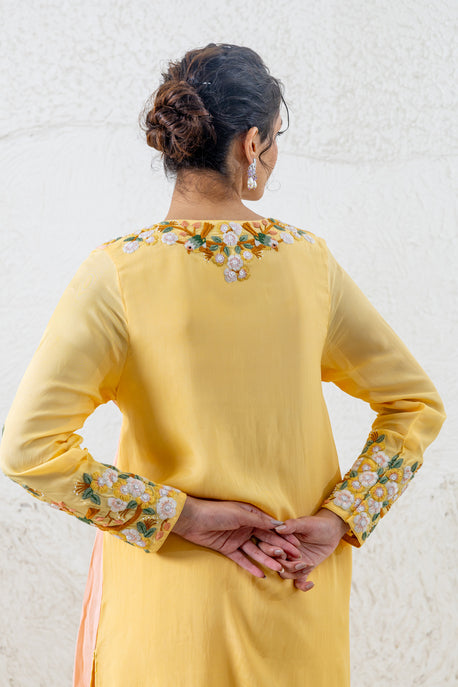 Yellow and peach angarakha with palazzo and printed chiffon dupatta