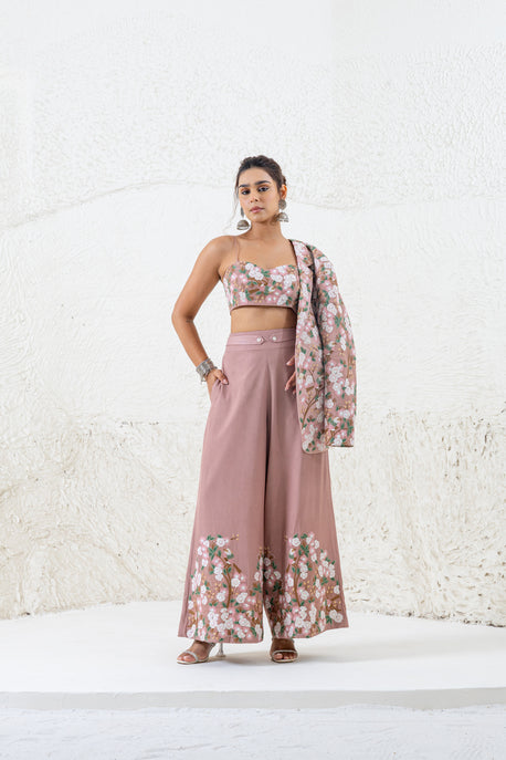 Onion pink embroidered pantsuit with bustier