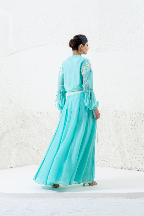 Aqua embroidered shirt with embroidered skirt