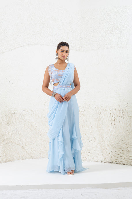 Blue habotai silk pre draped saree with embroidered blouse and belt