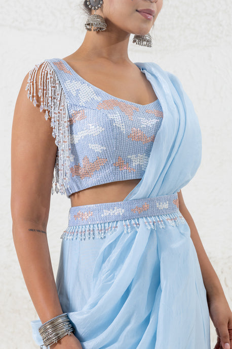 Blue habotai silk pre draped saree with embroidered blouse and belt