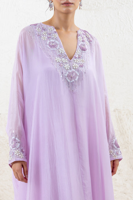 Lilac habotai silk sequence embroidered kaftan