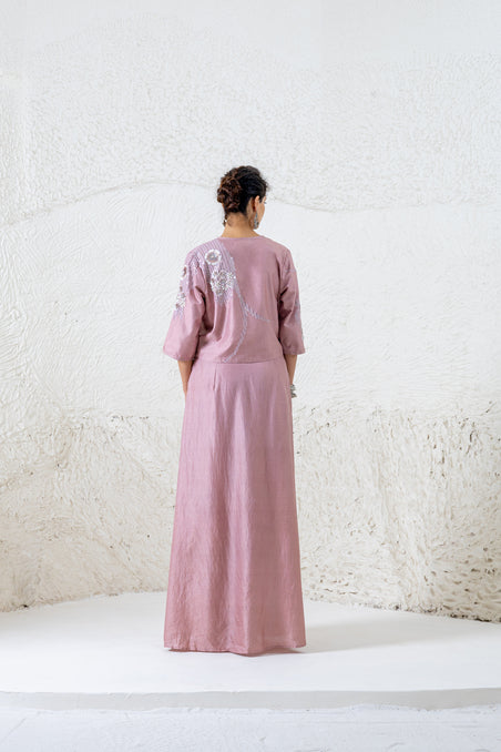 Onion pink sequence crop jacket with bustier and hybrid pant set