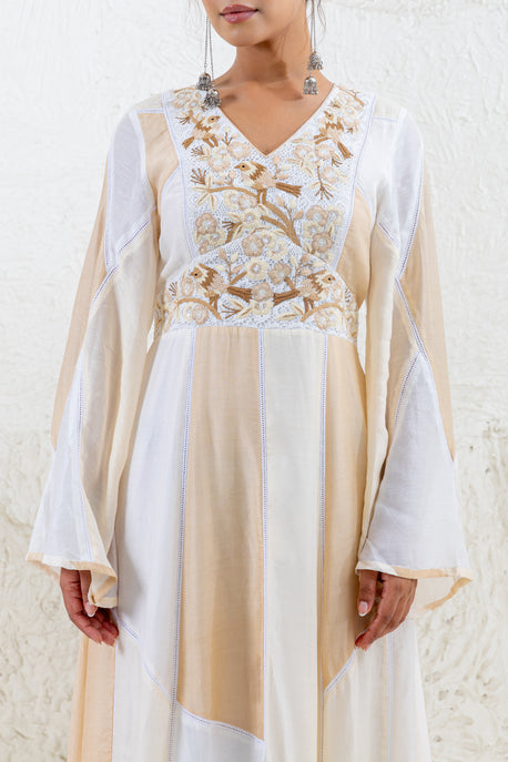 Nude, beige, bone color blocked splicing embroidered midi