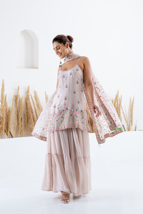 Nude habotai silk short kurta with sharara and dupatta