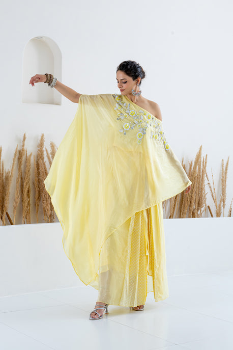 Yellow habotai silk cape with pleated skirt