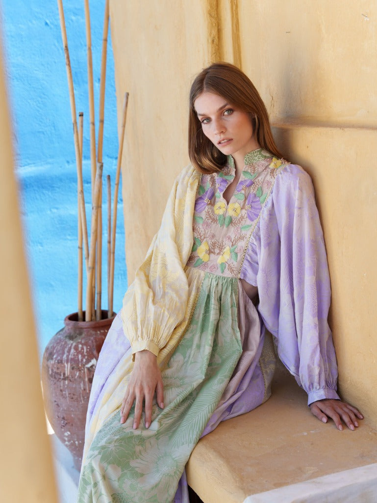 Mul floral printed (taupe, lilac, green, yellow) cut out maxi with cord embroidered bodice