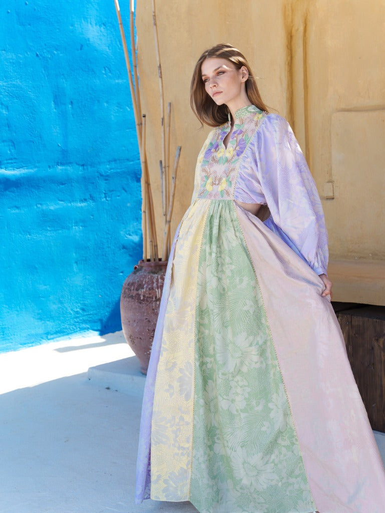 Mul floral printed (taupe, lilac, green, yellow) cut out maxi with cord embroidered bodice