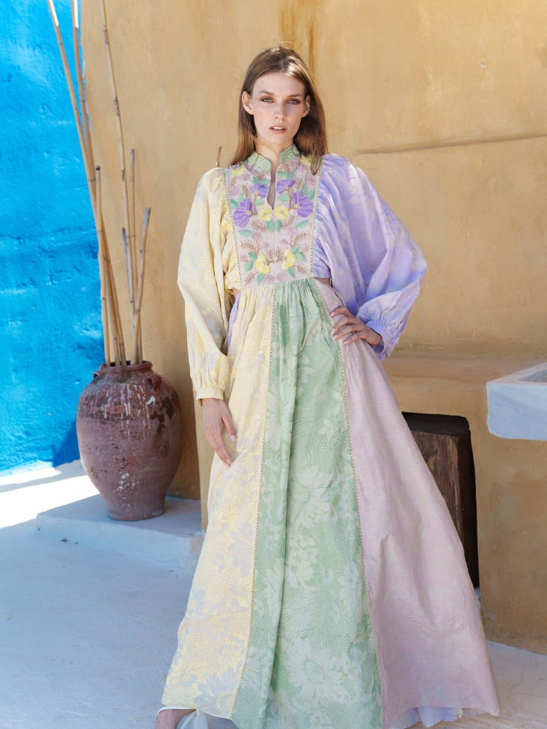 Mul floral printed (taupe, lilac, green, yellow) cut out maxi with cord embroidered bodice