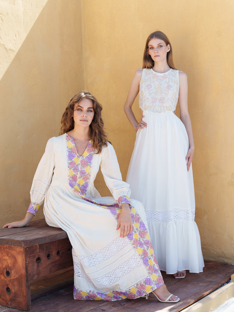 White crepe cross stitch embroidered midi