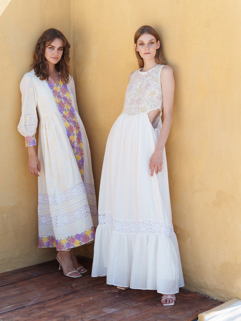 White crepe cross stitch embroidered midi
