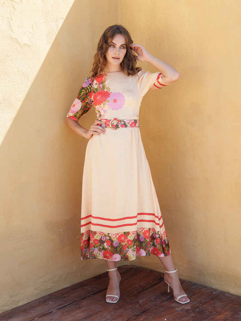 Beige with floral and stripe midi dress.
