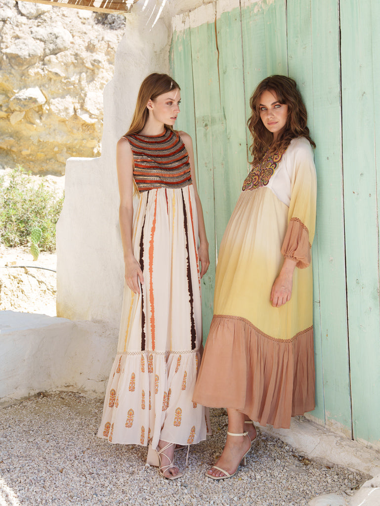 Bone crepe tie and dye and embroidered maxi