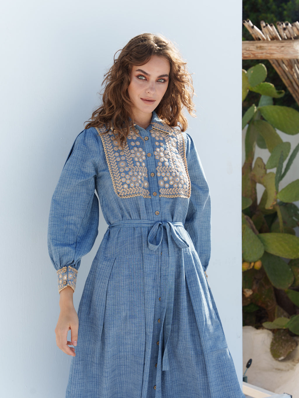Blue stripe khadi mirror embroidered shirt dress with sash belt