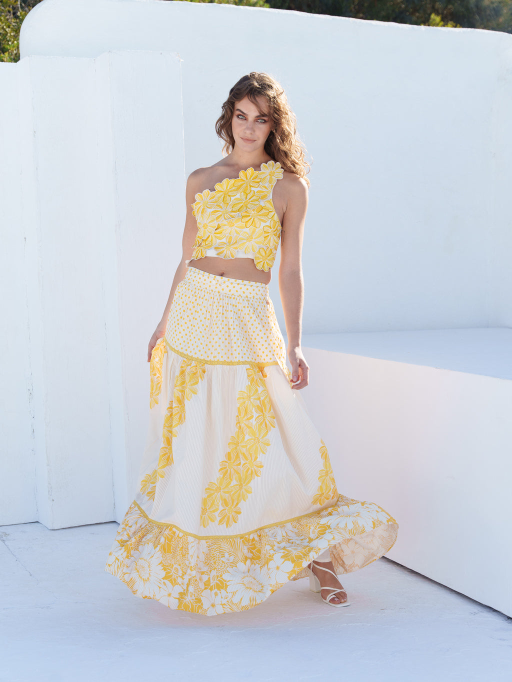 Bone crepe polka, / floral, floral tiered skirt with floral applique work one shoulder top