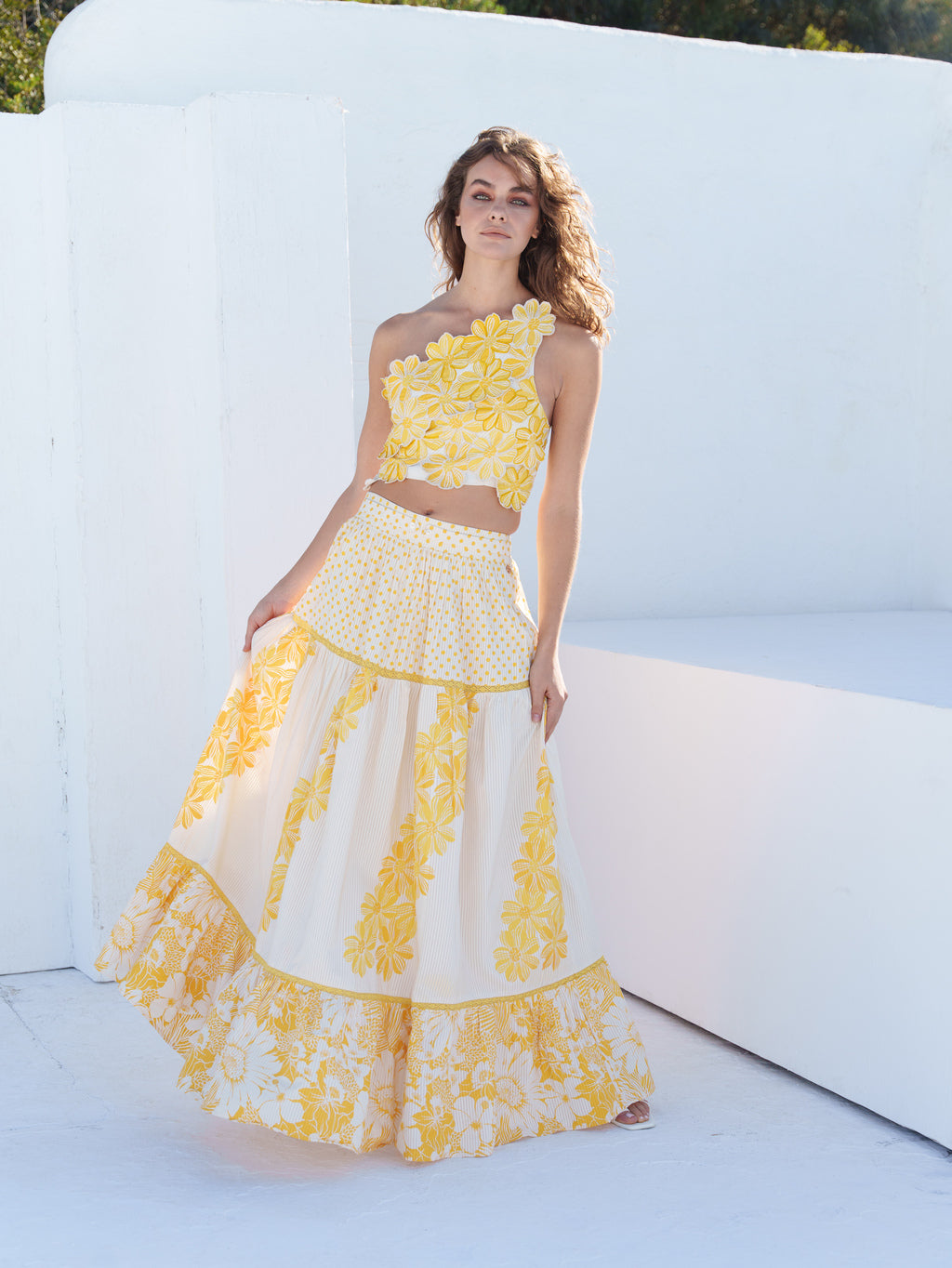 Bone crepe polka, / floral, floral tiered skirt with floral applique work one shoulder top