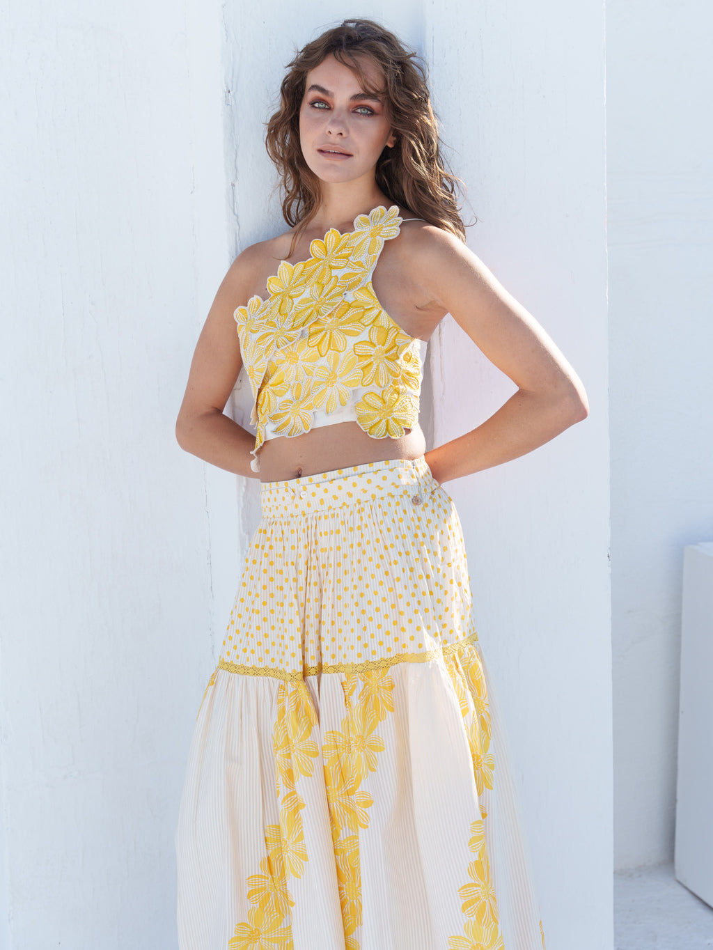 Bone crepe polka, / floral, floral tiered skirt with floral applique work one shoulder top