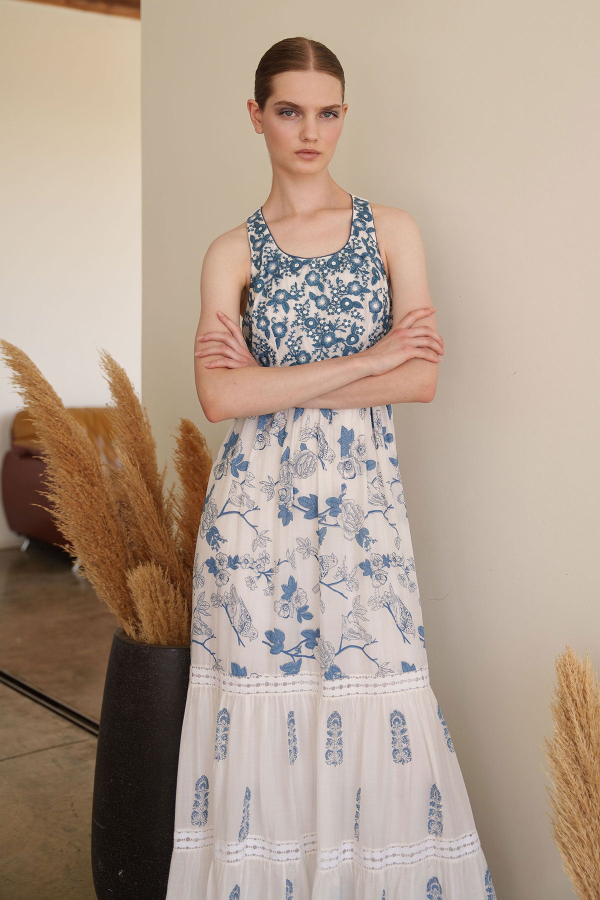 White printed tiered maxi with embroidered bodice White printed tiered maxi with embroidered bodice