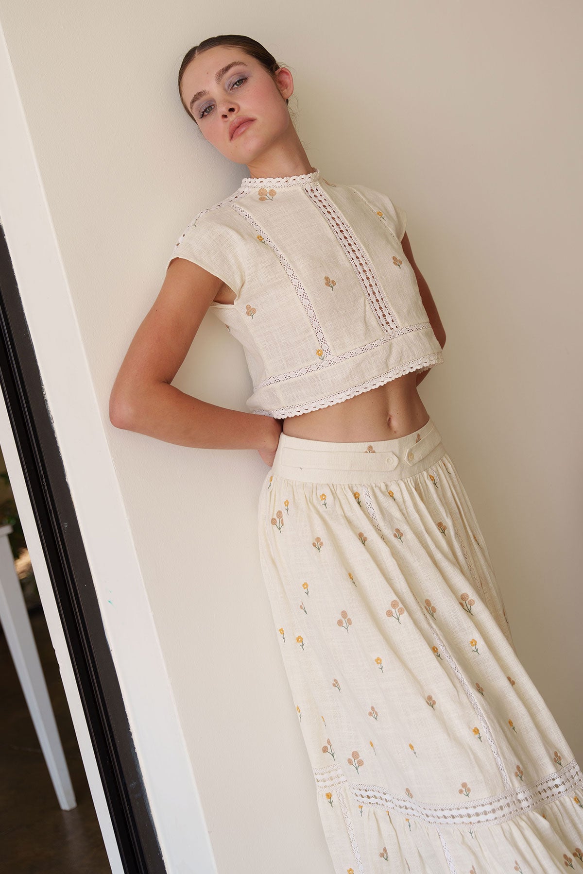 embroidered yoke midi dress Cotton Dobby Geometric Embroidered Yoke Gathered Midi Dress – Go Colors  India