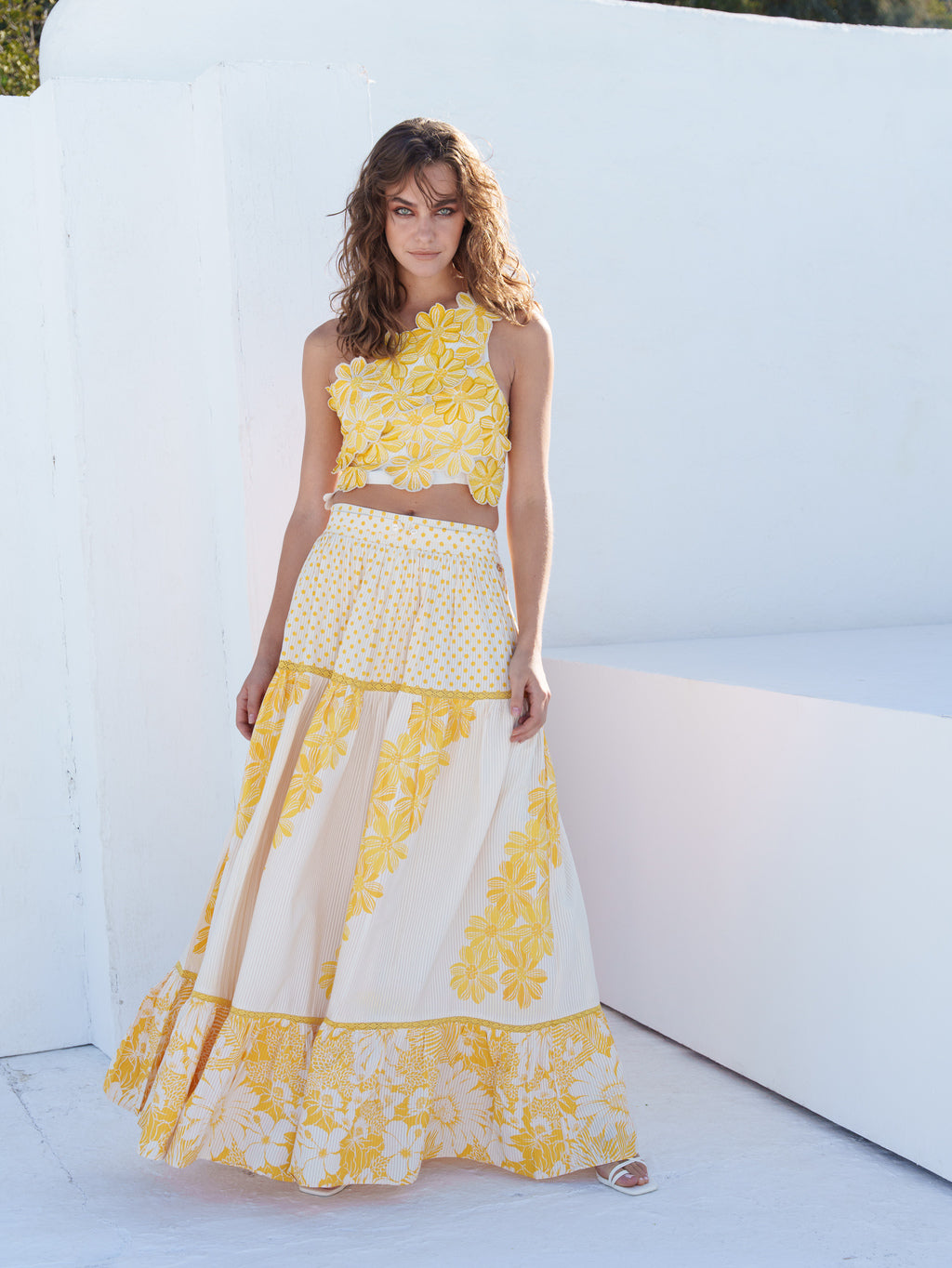 Bone crepe polka, / floral, floral tiered skirt with floral applique work one shoulder top