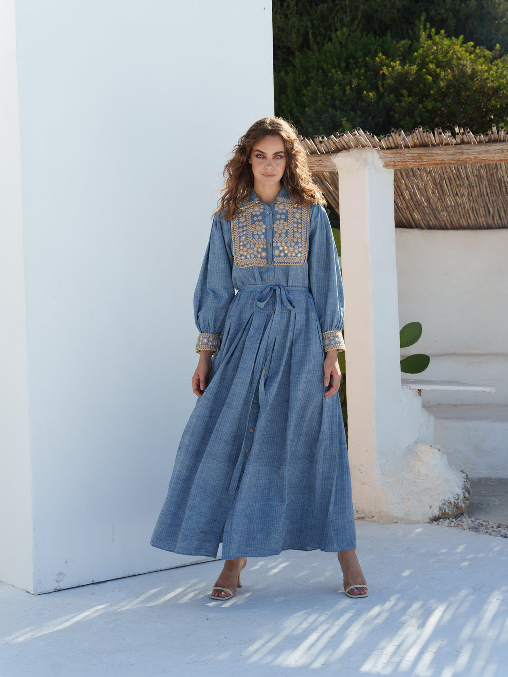 Blue stripe khadi mirror embroidered shirt dress with sash belt
