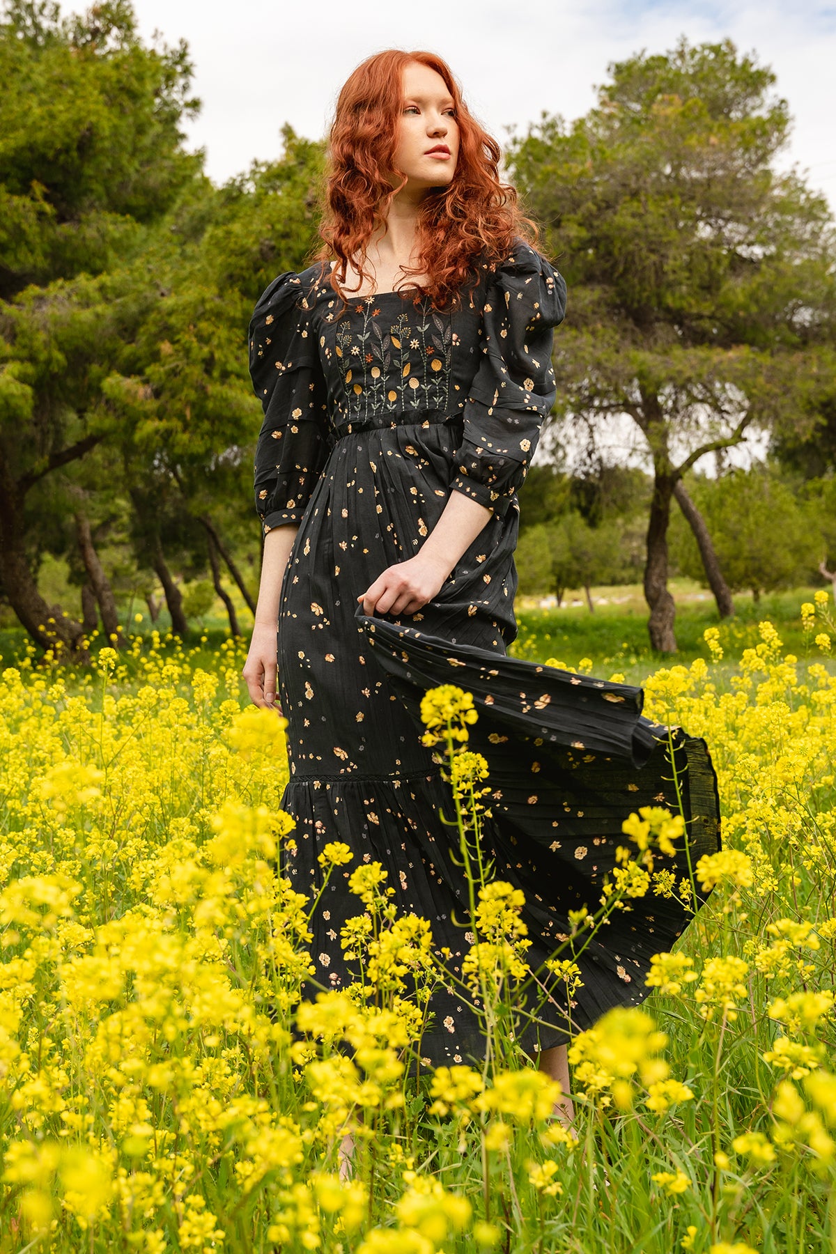 Charcoal cotton georgette printed and embroidered dress