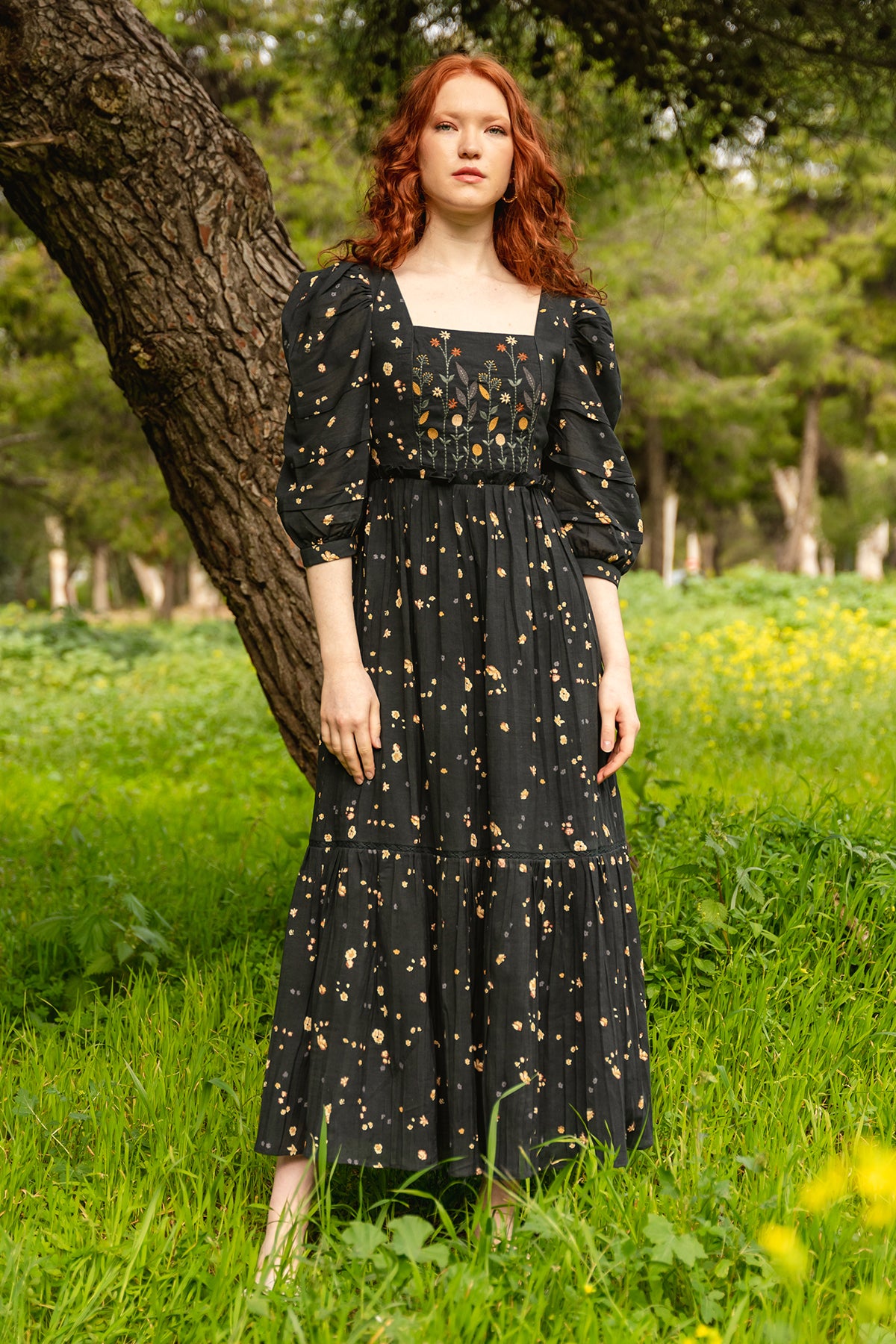 Charcoal cotton georgette printed and embroidered dress