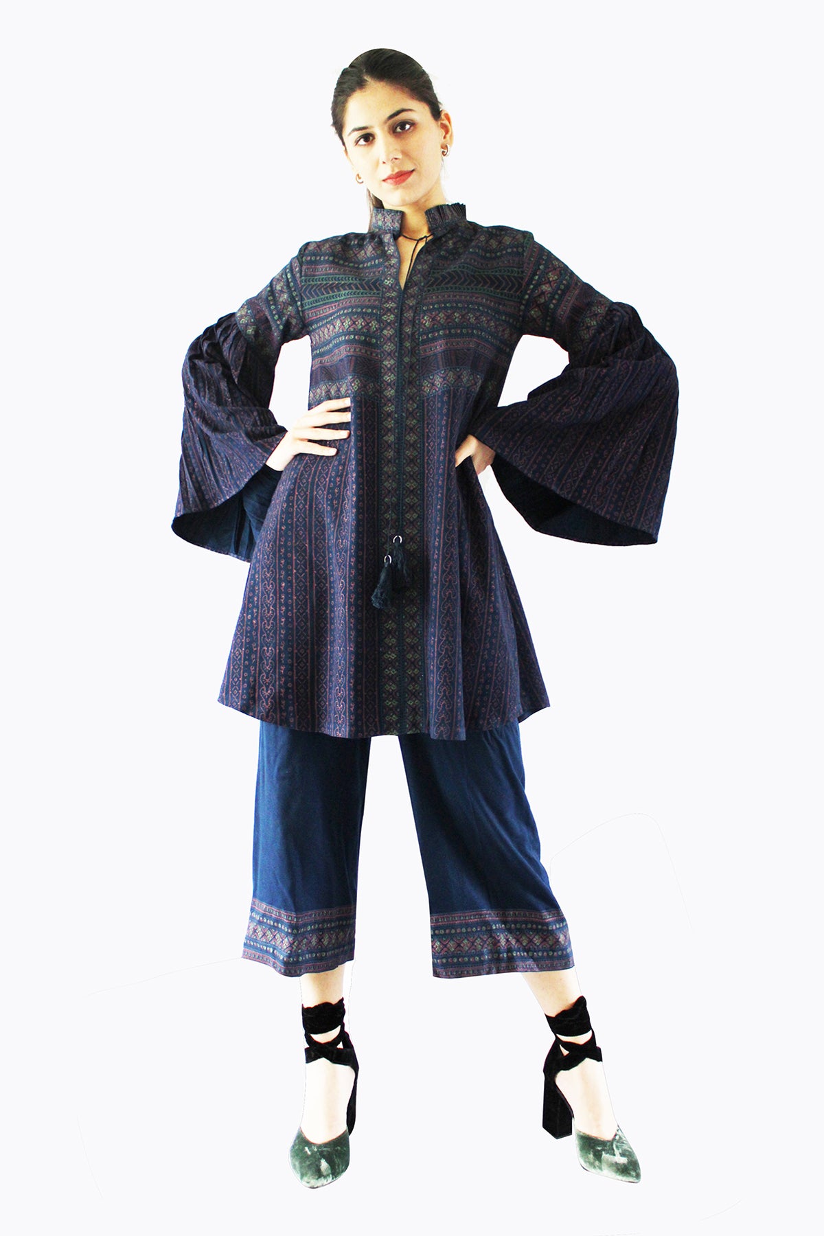 Blue Viscose Twill Block Printed Cropped Pants