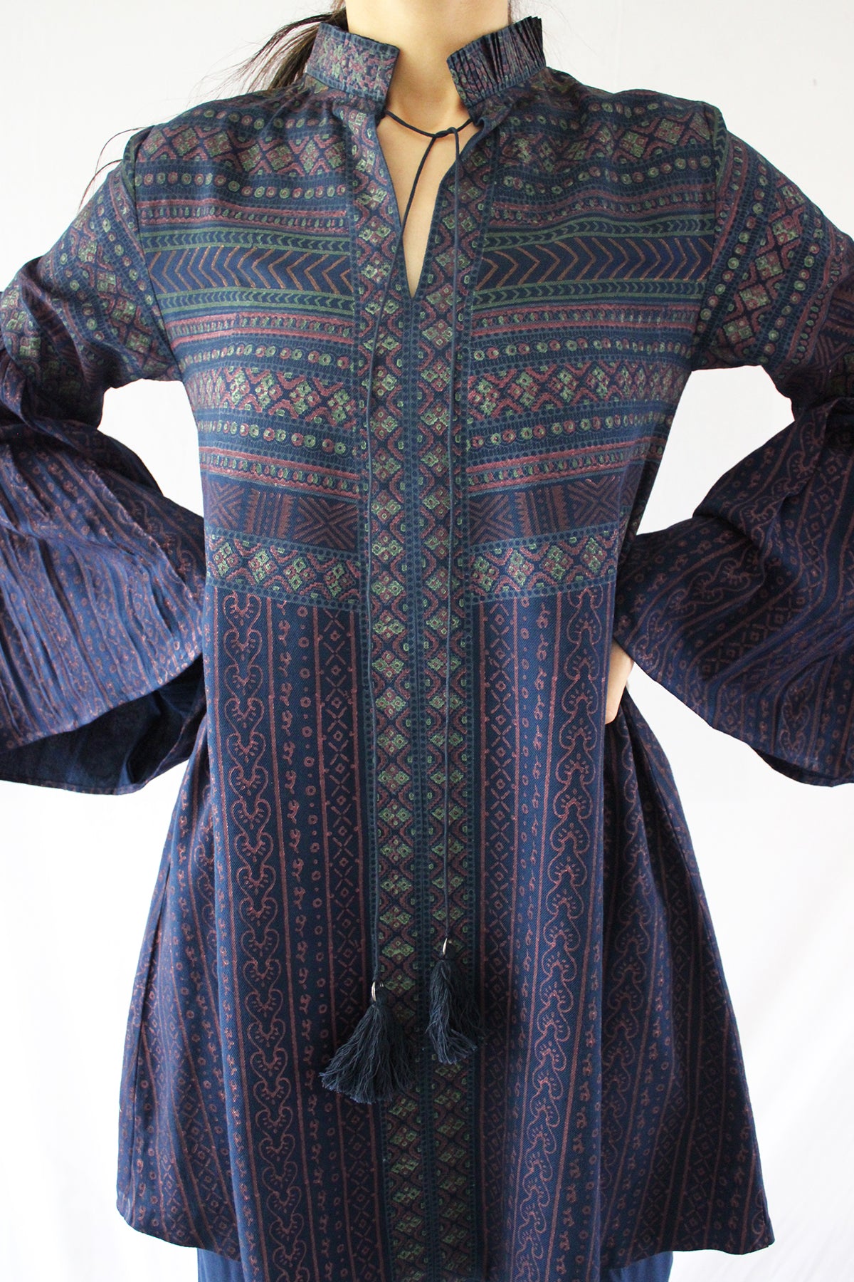 Blue Viscose Twill Multi Color Block Print Front Open Tunic