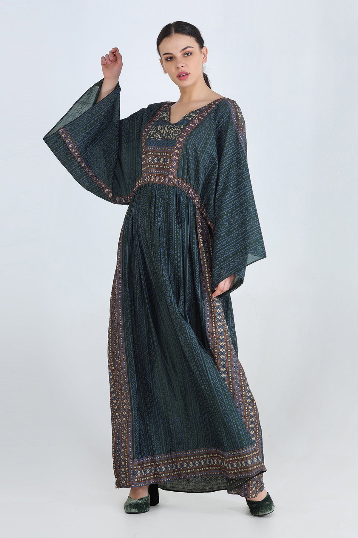Moss Green Mul Block Printed Khaftan Maxi