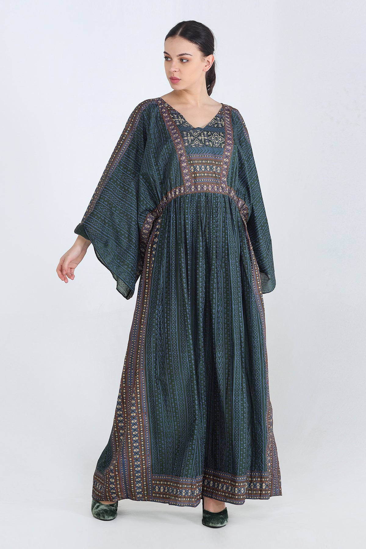 Moss Green Mul Block Printed Khaftan Maxi