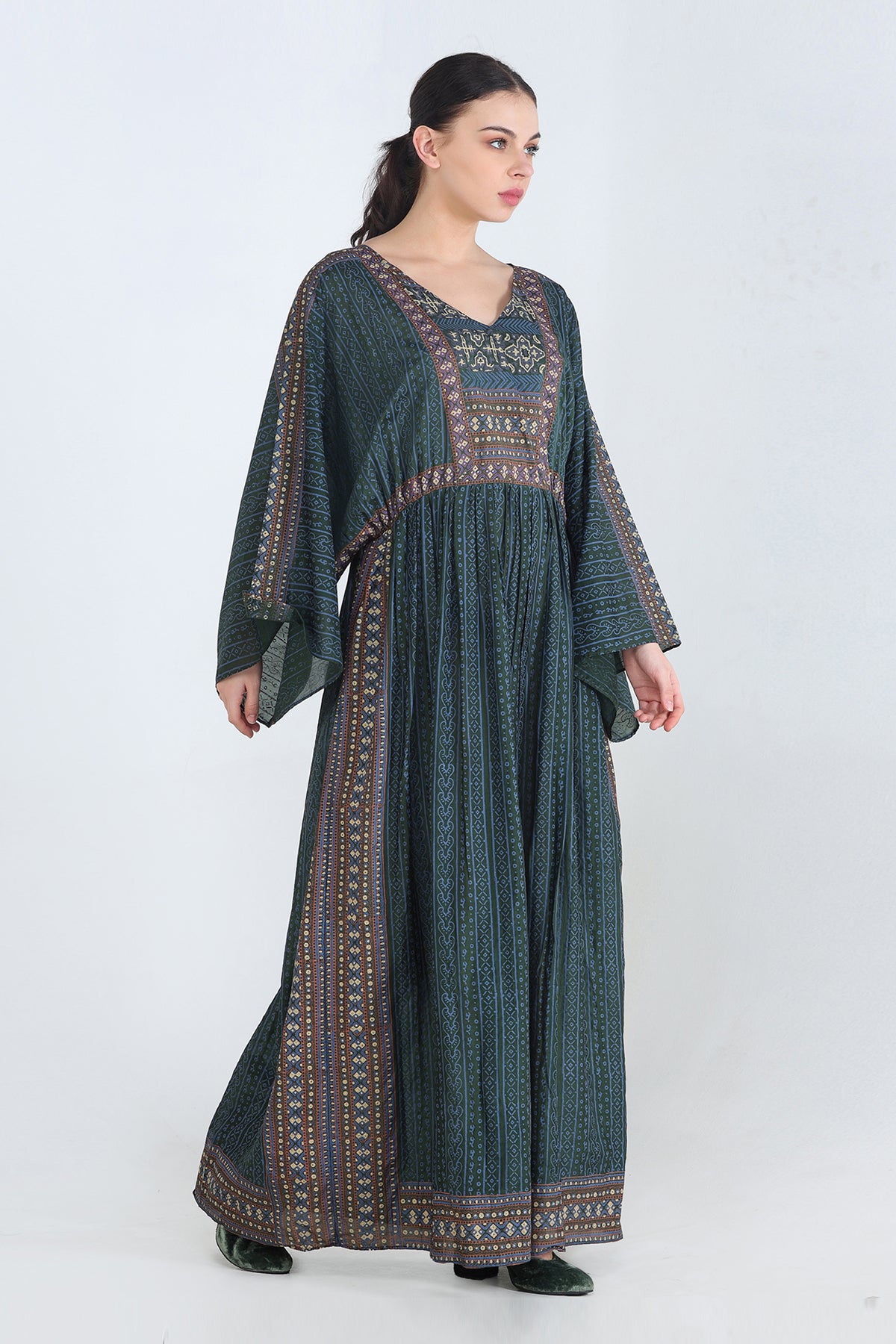 Moss Green Mul Block Printed Khaftan Maxi