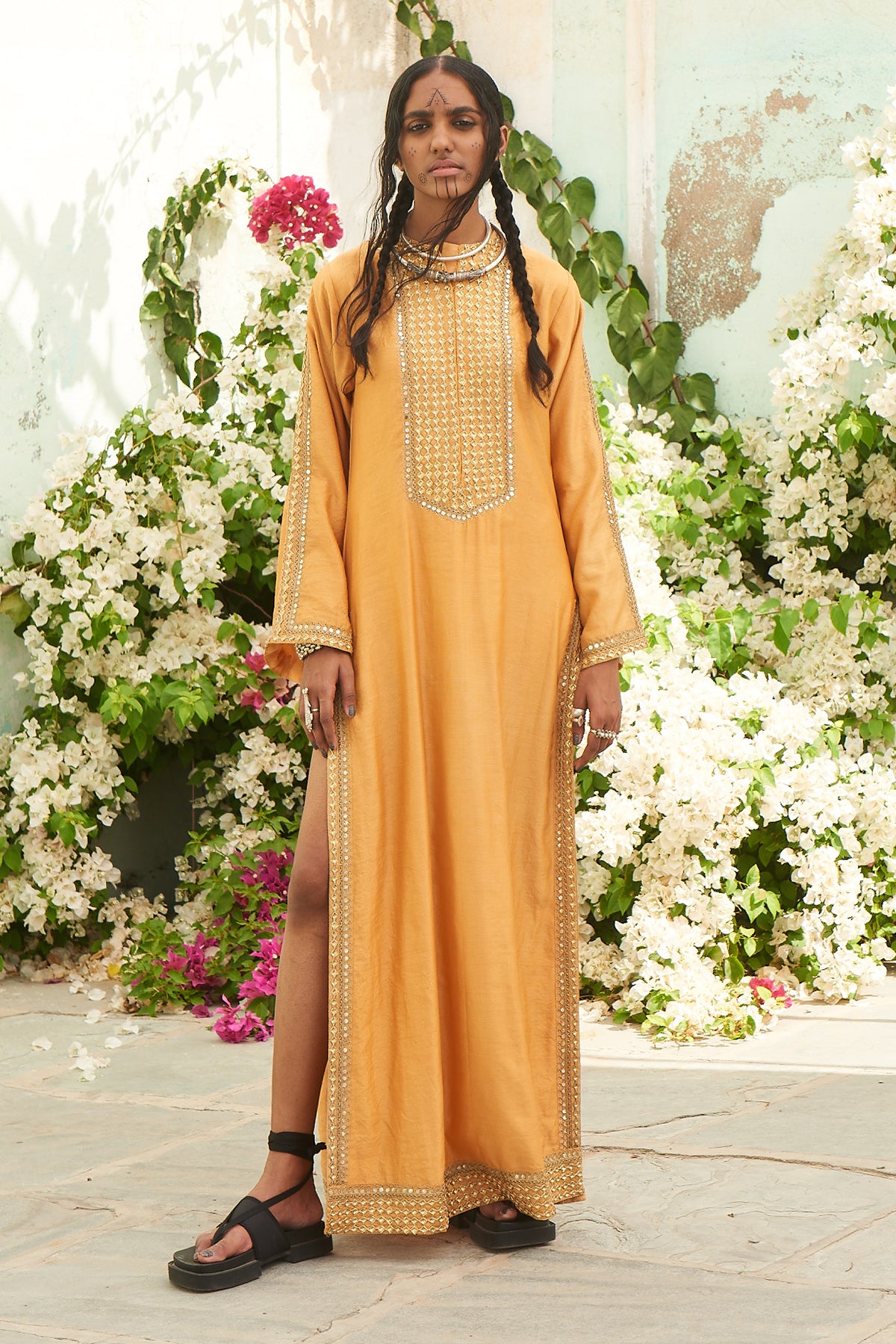 Honeycomb Yellow Danka Jalabia with Beige Pants