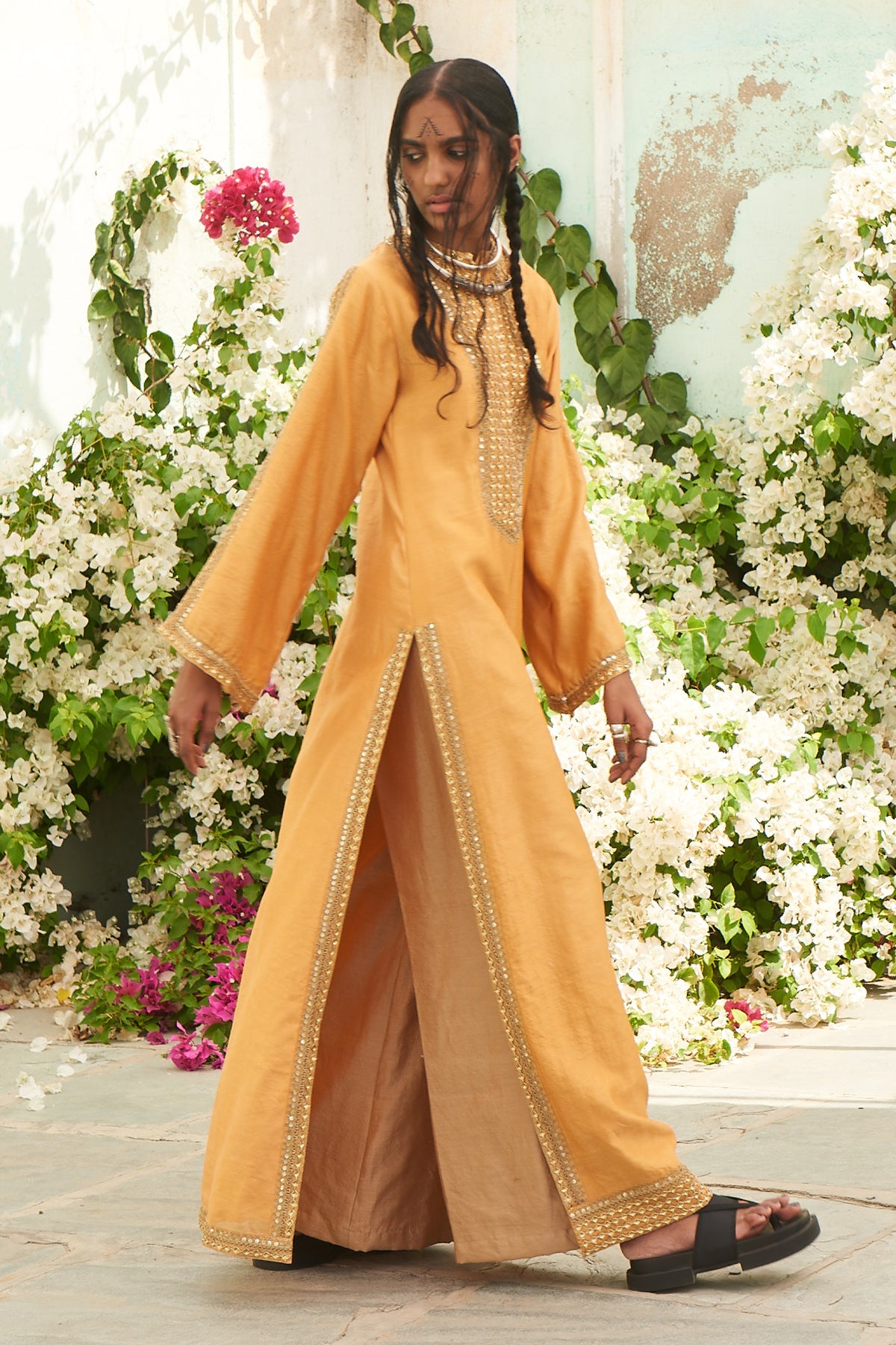 Honeycomb Yellow Danka Jalabia with Beige Pants