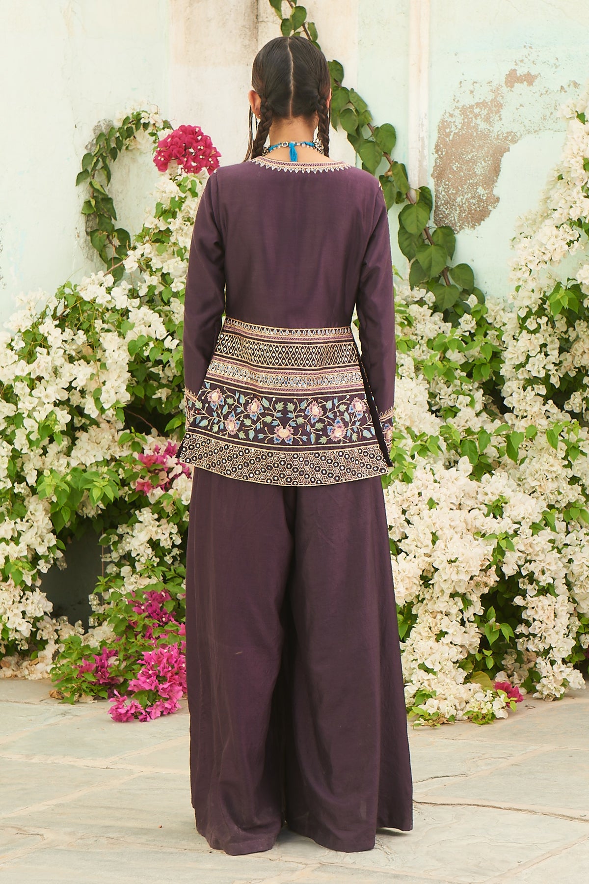 Deep Purple Pita Embroidered Jacket With Pita Work Palazzo