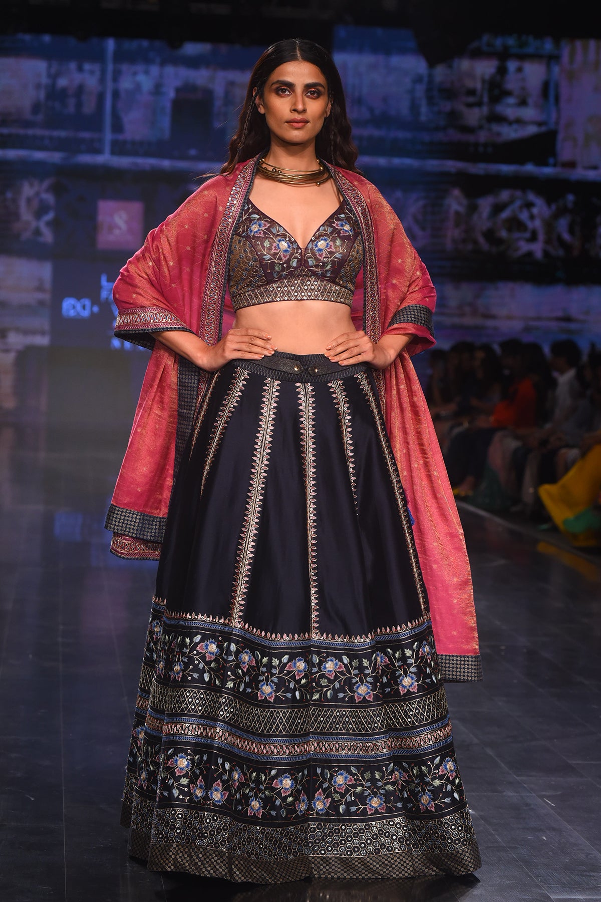 Navy Blue Pita Kalidar Ghagra With Purple Pita Work Blouse and Plum Dupatta