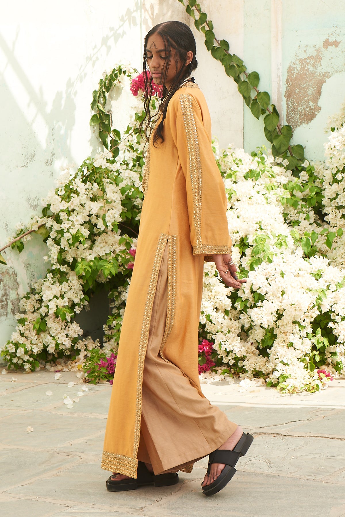 Honeycomb Yellow Danka Jalabia with Beige Pants
